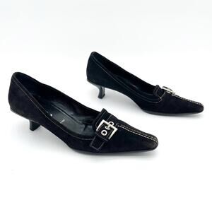 Prada Black Suede Buckle Detail Retro Pointed Toe Kitten Heel Pumps IT 37.5